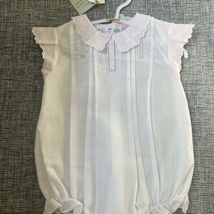 Feltman Brothers Hand Embroidered White and Pink Baby Romper